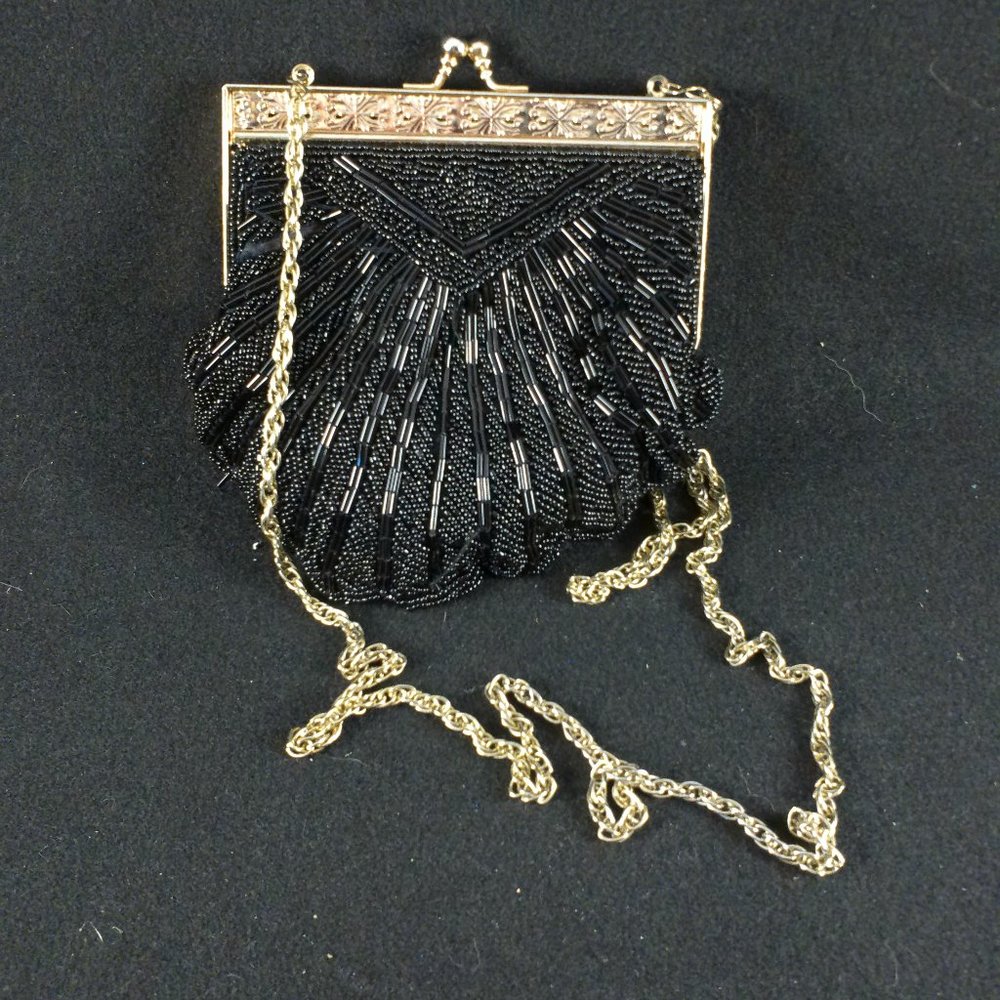 Black Beaded Gold Chain and Accents Handbag